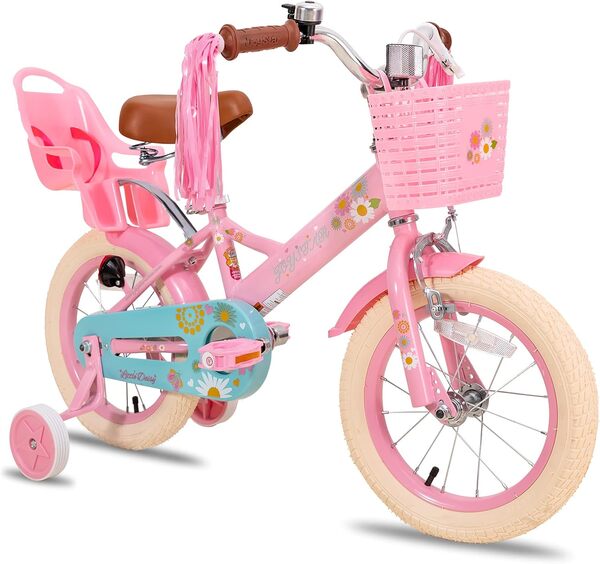 JOYSTAR Little Daisy 12/14/16 Pouces vélo Enfant pour Les Filles de 2 à 7 Ans, Vélo Gilrs avec Roues stabilisatrices, siège de poupée et paniers. Bleu, Rose, Blanc