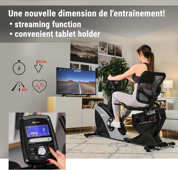 Hop-Sport Vélo d'appartement Semi-Allongé HS-070L Helix, Bluetooth & App, 16 Niveaux de Résistance, Masse d'inertie 18,5 kg, Ordi multifonctionnel, Roulettes de transport, Poids max.150 kg