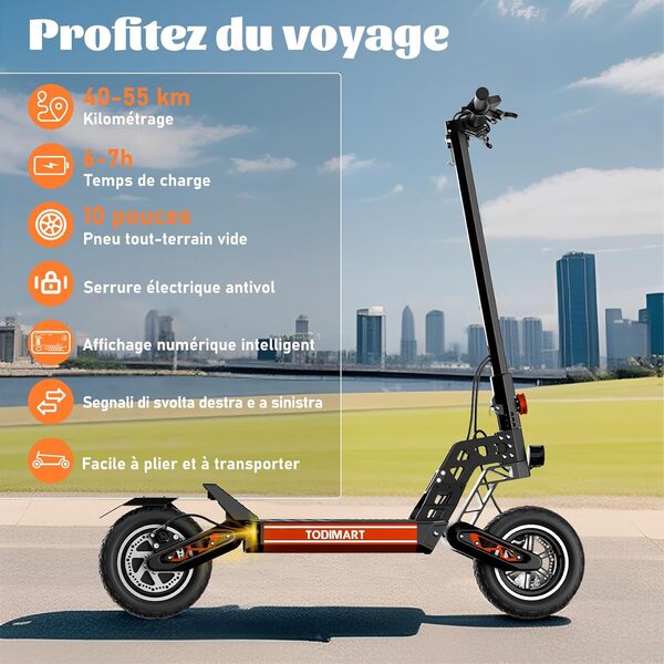 TODIMART Trottinette Electrique Adulte S9/S13 Moteur 1000W/1600W Batterie 48V 20.8Ah 65-85KM Autonomie Pneus Tout Terrain Double Suspension Verrouillage électrique des Portes avec clé
