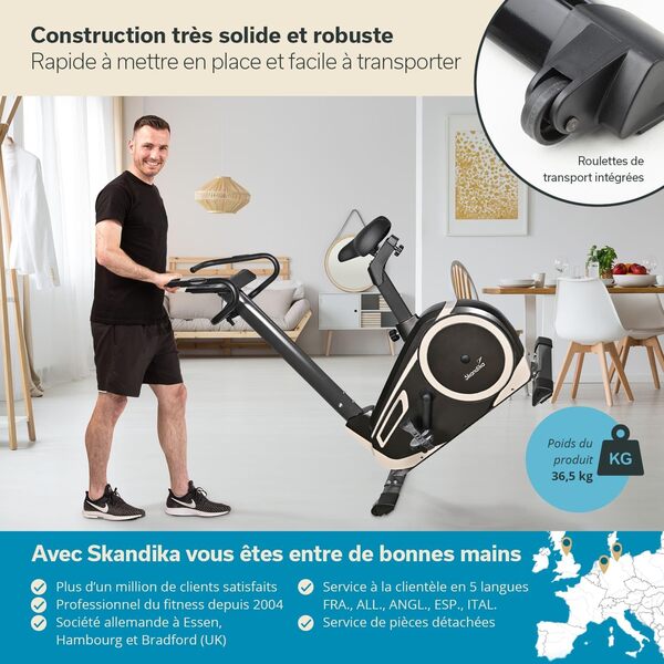 Skandika Ergomètre Morpheus | Vélo d'appartement, masse d'inertie de 12 kg, 32 niveaux, 24 programmes, Compatible avec Kinomap, sangle cardio, support pour tablette | Vélo d'intérieur jusqu'à 150 kg