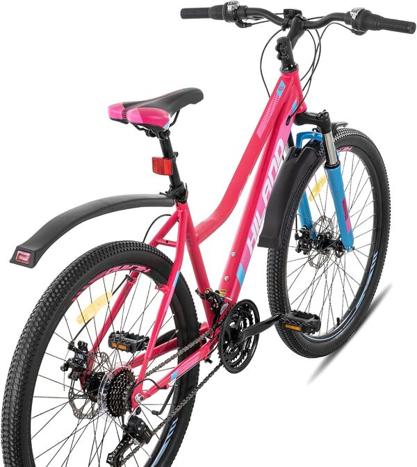 HILAND VTT Vélo de Montagne Vélo Tout Terrain 26 Pouces pour Femme et Fille 21 Vitesses avec Suspension Fourche Cadre en Acier Frein à Disque et Garde-Boue Vert Menthe/Rose