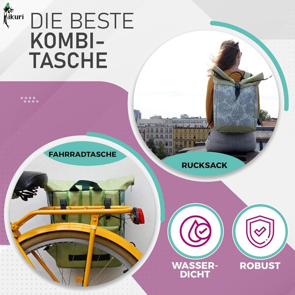 Ikuri Kombi Sacoche Vélo/Sac à Dos pour Porte-Bagage Sac De Velo en Tissu Vinyl Imprimé Impermeable, pour Femme - Design Monstera