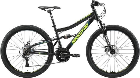 BIKESTAR VTT Vélo Tout Terrain, Frein à Disque, 21 Vitesses Shimano, 26, 27.5, 29 Pouces | Mountainbike Tout Suspendu Integral Cadre 15, 17, 19 Pouces