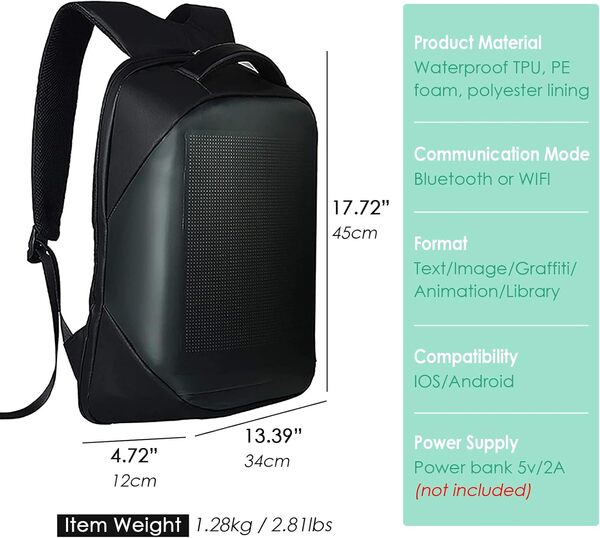 RGA Sacs à dos LED dynamiques Wifi étanche Diy 64 x 64 Résolution Support iOS/Android Système d'affichage à LED Prend en charge texte/image/animation Gif