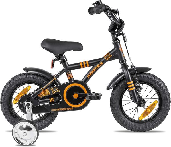 PROMETHEUS BICYCLES Velo Enfant 3 Ans Garcon vélo Fille 12 Pouces a Roulette pour 3 a 5 Ans - BMX en Noir Mat Orange