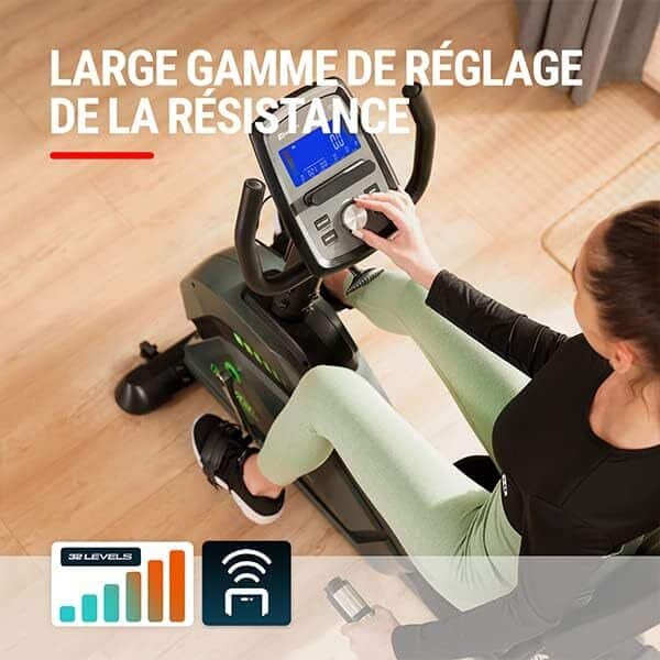 Hop-Sport Vélo d'appartement semi-allongé HS-120L Ravel, Résistance magnetique reglable, Roue d’inertie 10kg, Vélo couché avec 12 programmes d'entraînement, Bluetooth et app, Écran LCD