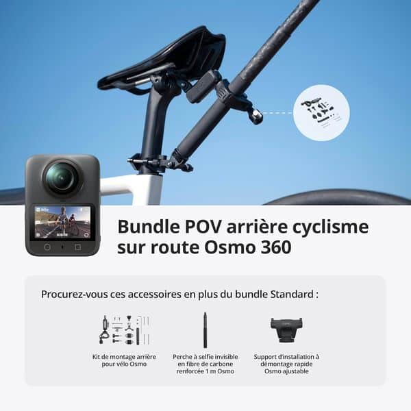 DJI Bundle POV arrière Cyclisme sur Route Osmo 360, caméra 360 avec imagerie 360° de 1 Pouce, vidéo 360° en 8K Native, vidéo 4K/120 IPS Angle Ultra-Large 170°, caméra d’Action pour Le vélo