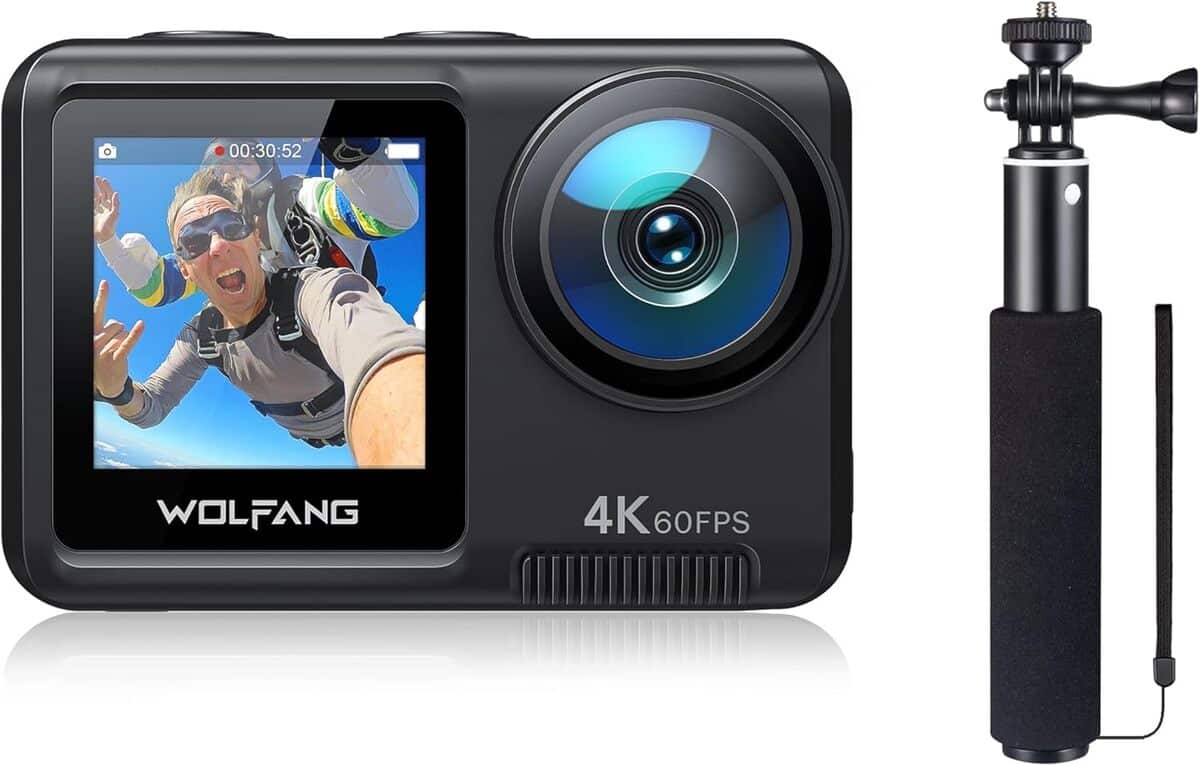 Test de la caméra sport Wolfang GA420 4K60FPS : l'ensemble selfie stick en action