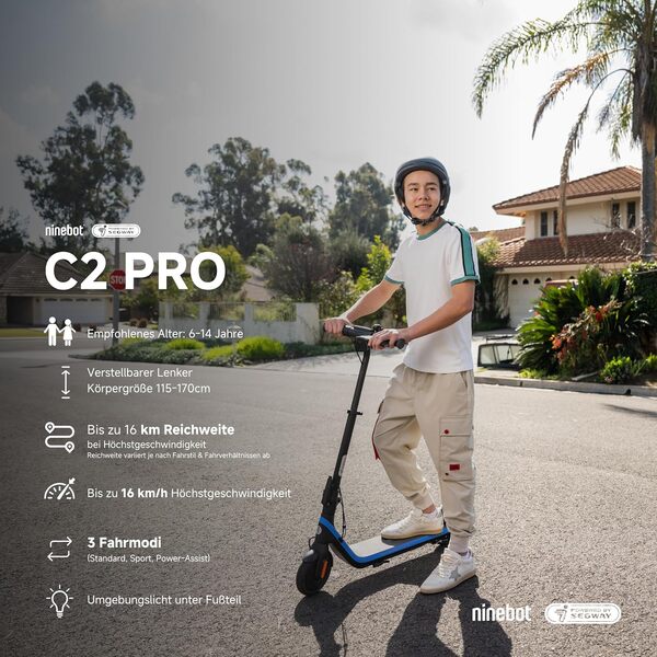 Segway-Ninebot C2 Pro E, Trottinette électrique Enfant, 3 Modes de Conduite avec Vitesse Maximale de 16 km/h, Autonomie de 17 km
